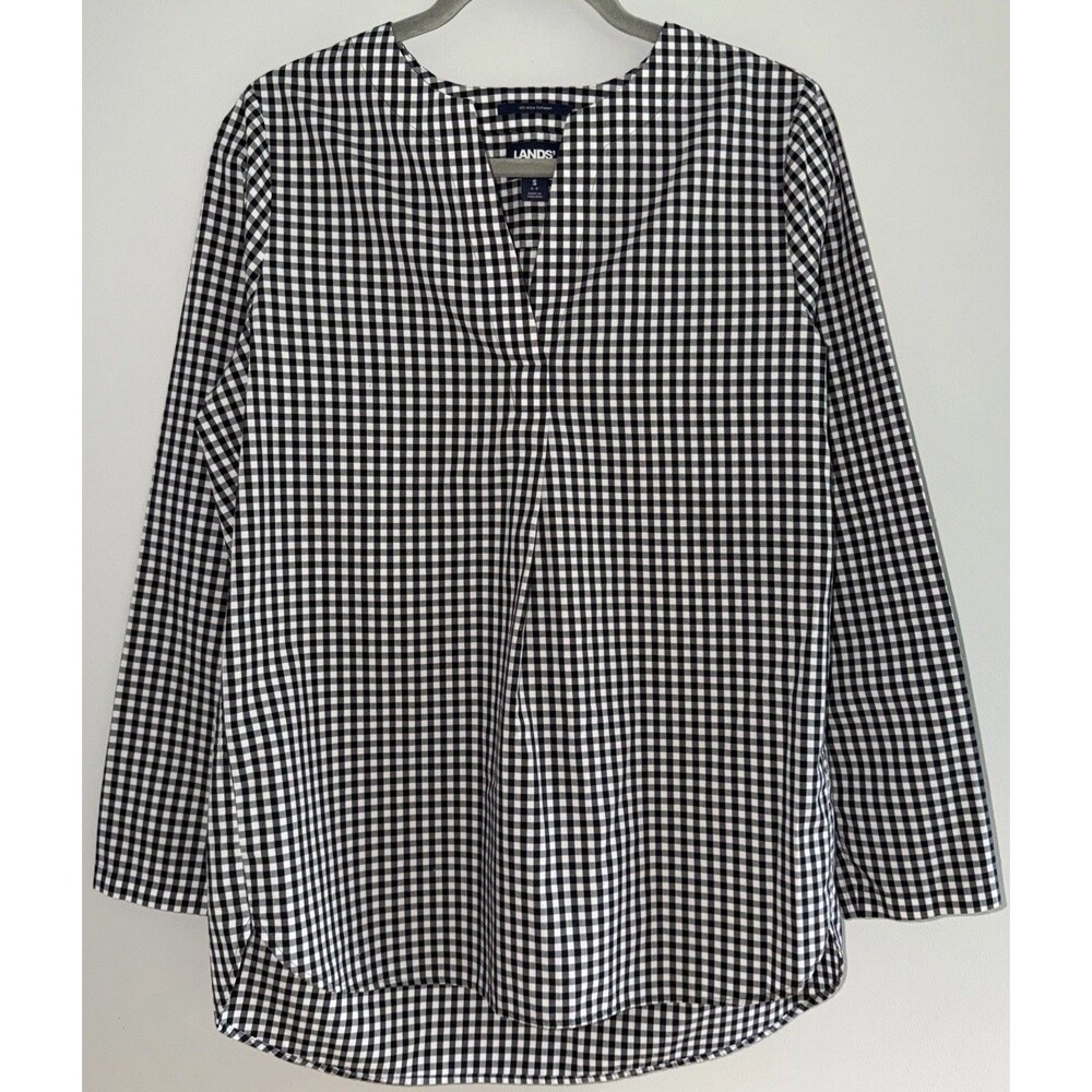 Lands End No Iron Supima Shirt Size S 6-8 Popover Black White Check Cotton Top